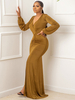 Partykleider Kaffee Braun V-Ausschnitt Plissee Langarm Layered Semi Formal Dress