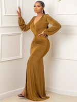 Partykleider Kaffee Braun V-Ausschnitt Plissee Langarm Layered Semi Formal Dress