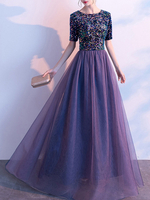 Partykleider Lila Jewel Ausschnitt Pailletten kurze Ärmel Semi Layered lange Kleid