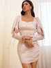 Partykleider Pink Square Neck Buttons Long Sleeves Drawstring Semi Formelles Kleid