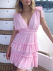 Partykleider Rosa ärmelloses asymmetrisches halbformales Kleid mit V-Ausschnitt