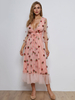 Partykleider Rosa V-Ausschnitt Schnürung Langarm Tüll Sheer Maxi Semi Formal Dress