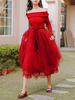 Partykleider Roter Bateau-Ausschnitt Schnüren Sie lange Ärmel Layered Tulle Semi Formal Dress