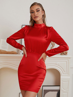 Partykleider Roter High Collar-Reißverschluss Lange Ärmel Halbformales Kleid