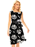Partykleider Schwarz Jewel Neck Lace Up Ärmellos Halloween Totenkopf Printed Stretch Semi Formales Kleid