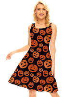 Partykleider Schwarz Jewel Neck Paspeln Ärmellos Halloween Printed Stretch Semi-formelles Kleid
