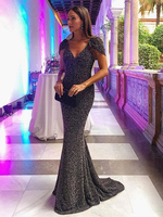 Partykleider Schwarz Silber Silber V-Ausschnitt Kurzarm Maxi Mermaid Formal Dress
