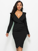Partykleider Schwarz V-Ausschnitt Plissee Langarm High Low Design Bodycon Semi Formal Dress