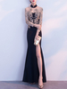 Partykleider Schwarzer Stehkragen Lange Ärmel Schiere High Split Cut Out Langes Kleid