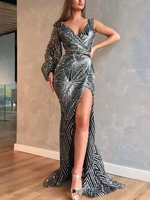 Partykleider Schwarzer V-Ausschnitt mit geteilter Vorderseite und langen Ärmeln. Asymmetrisches; halbformelles Kleid