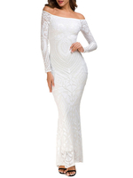Partykleider White Bateau Neck Pailletten Langarm Semi Sheer Sexy Abendkleid Langes Kleid