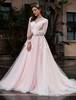 Passen Sie Brautkleid mit Zug A-Linie Langarm Satin Stoff Jewel Neck Brautkleider