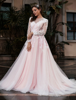 Passen Sie Brautkleid mit Zug A-Linie Langarm Satin Stoff Jewel Neck Brautkleider