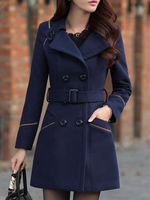 PeaMantel 2020 Frauen Dark Navy Revers Halsband Lange Ärmel Zweireiher Schärpe Wolleen Mantel