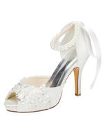 Peep Hochzeit Schuhe High Heel Elfenbein Ankle Strap Pearl Pailletten Brautschuhe mit Schleife