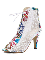 Peep Toe Boots Mesh-Lace Up High Heel Weiß Booties