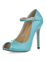 Peeptoes aus Lackleder in Lacklederoptik mit justierbarem Band und Schnallen und Stilettos