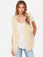 Pelzmantel ärmellos Beige mit Rundkragen Pelzjacke Kunstfell Jacke Kunstpelz Wintermantel