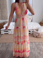 Pfirsichfarbene Maxikleider für Frauen Bedrucktes Halfter Nekc Ärmelloses Plissee-Polyester-Langkleid