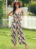 Pink Jumpsuit Blumendruck V-Ausschnitt Ärmelloses Polyester Straight Summer One Piece Outfit