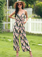 Pink Jumpsuit Blumendruck V-Ausschnitt Ärmelloses Polyester Straight Summer One Piece Outfit
