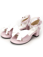 Pink Lolita Sandalen Square Heels Lace Trim Ankle Strap Bogen Decor