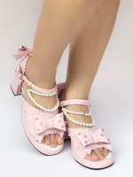 Pink Lolita Schuhe Chunky Heel Ankle Peep Toe Lolita Riemchensandalen mit Perlmutt Bogen