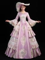 Pink Retro Costumes Damen Blumendruck Spitze Rüschen Polyester Tunika Hut Kleid Marie Antoinette Kostüm Euro-Style Party Ballkleid