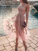 Pink Skaterkleider Pailletten Jewel Neck Langarm Hot Stamping Fit und Flare Kleid