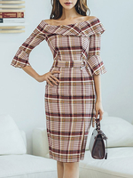 Plaid Bodycon Kleider aus der Schulter Bell Sleeve Sash Bleistiftkleid