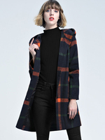 Plaid Wintermantel mit Kapuze Pom Poms Knopf Krawatte Gürtel Frauen Wollmantel