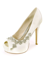 Plattform Brautschuhe Hochzeitsschuhe Elfenbein Satin Strass Peep Toe Pfennigabsatz