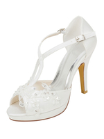 Plattform Hochzeitsschuhe T-Bar Sandalen Perlen Peep Toe Stiletto Heel Brautschuhe