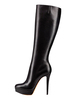 Plattform Kniehohe Stiefel Damen Leder Schwarz Runde Zehen Stiletto Absatz Stiefel