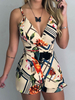 Playsuit Beige Blumenmuster V-Ausschnitt Ärmelloses Sommer-One-Piece-Outfit