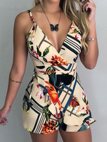 Playsuit Beige Blumenmuster V-Ausschnitt Ärmelloses Sommer-One-Piece-Outfit