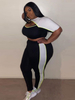Plus Size 2-teiliges Set für Frauen Jewel Neck Kurzarmausschnitte Lässige Bluse Polyester Farbblock Linguistic Skinny Pants Sommeroutfit