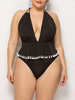 Plus Size Badeanzüge für Frauen Schwarz Polyester V-Ausschnitt Schnüren Sexy Monokini Badeanzug