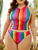 Plus Size Badeanzüge für Frauen Streifen Red Polyester Crewneck Beach Badeanzug