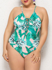 Plus Size Badeanzug Einteiler Für Frauen Blumendruck Grüner Polyester Schnür Monokini