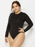 Plus Size Black Teddies für Frauen Jewel Neck Long Sleeves Bell Sleeves Paspel Polyester Stretch Casual Teddies
