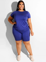 Plus Size Blue Jewel Neck Kurzarm Bluse Shorts Polyester 2-teiliges Set Sommer Outfit