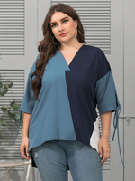 Plus Size Bluse für Damen Tintenblau mit halben Ärmeln Lace Up Oversized T-Shirt