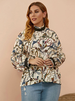 Plus Size Bluse Für Frauen Aprikose Hoher Kragen Lange Ärmel Blumendruck Übergroße Polyester Klassische Bluse