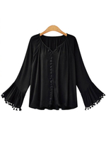 Plus Size Bluse für Frauen Black Sweetheart Neck Lange ausgestellte Ärmel Fransen Oversize Polyester Casual Sommer T-Shirt