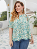Plus Size Bluse für Frauen Blumendruck Grün Rundhalsausschnitt Kurzarm Polyester Casual Summer Top