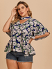 Plus Size Bluse für Frauen Deep Blue V-Ausschnitt Halbarm Blumendruck Muster Polyester Übergroßes T-Shirt