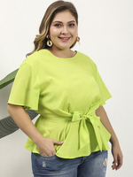Plus Size Bluse für Frauen Jewel Neck Kurze Ärmel Polyester Grasgrün Casual Oversized T-Shirt