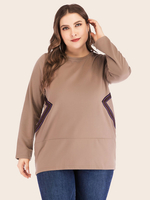 Plus Size Bluse für Frauen Kaffee Brown Jewel Neck Langarm Polyester Baumwolle Oversized T-Shirt