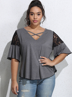 Plus Size Bluse für Frauen Rüschen mit V-Ausschnitt Ausgestellte Halbärmel Polyester Color Block Casual Summer Top